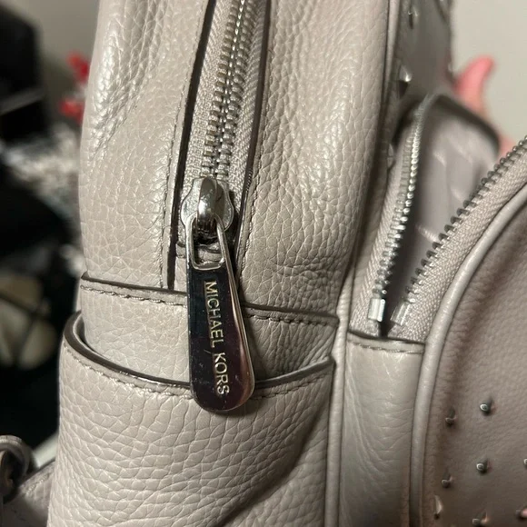 MICHAEL KORS Abbey Medium Grey Studded Pebbled Leather Backpack - Picture 15 of 16